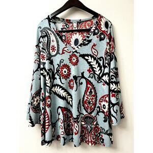 Honeyme Women's Sz S Boho Floral Paisley Print 3/4 Bell Sleeve Top Stretch Artsy